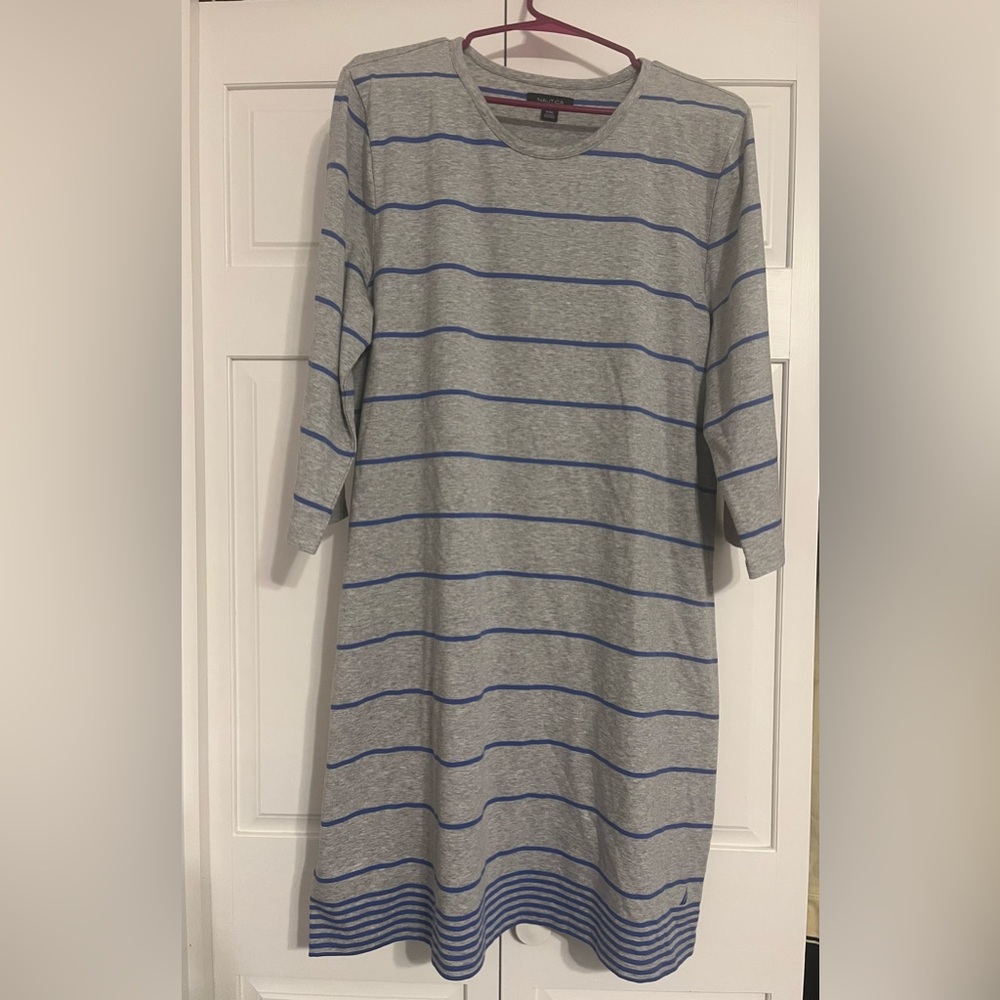 Nautica womens Gray and Blue cotton striped shirt dress